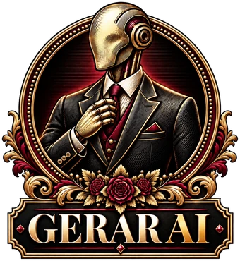 Das Gerar-Logo: ein goldener Roboter im Anzug in einem Ring mit Rosen, darunter das Schild GERAR AI