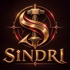 Das Sindri-Logo: ein goldenes S, um einen Schmiedehammer geschwungen, in einem roten Ring, darunter der Schriftzug SINDRI