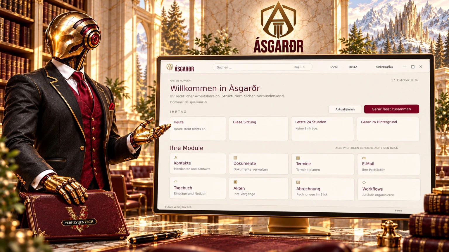 Gerar präsentiert Ásgarðr 4.1: Eine Arbeitsumgebung. Ihre Kanzlei im Blick. Marketingillustration, kein Produkt-Screenshot.