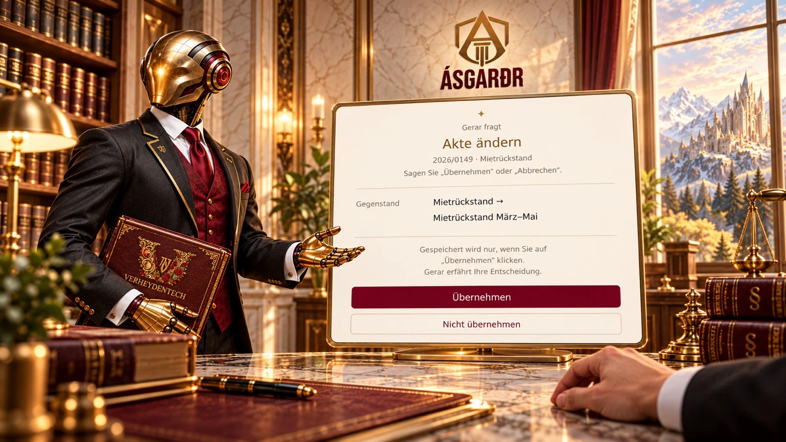 Gerar präsentiert Ásgarðr 4.1: Gerar unterstützt. Sie entscheiden. Marketingillustration, kein Produkt-Screenshot.