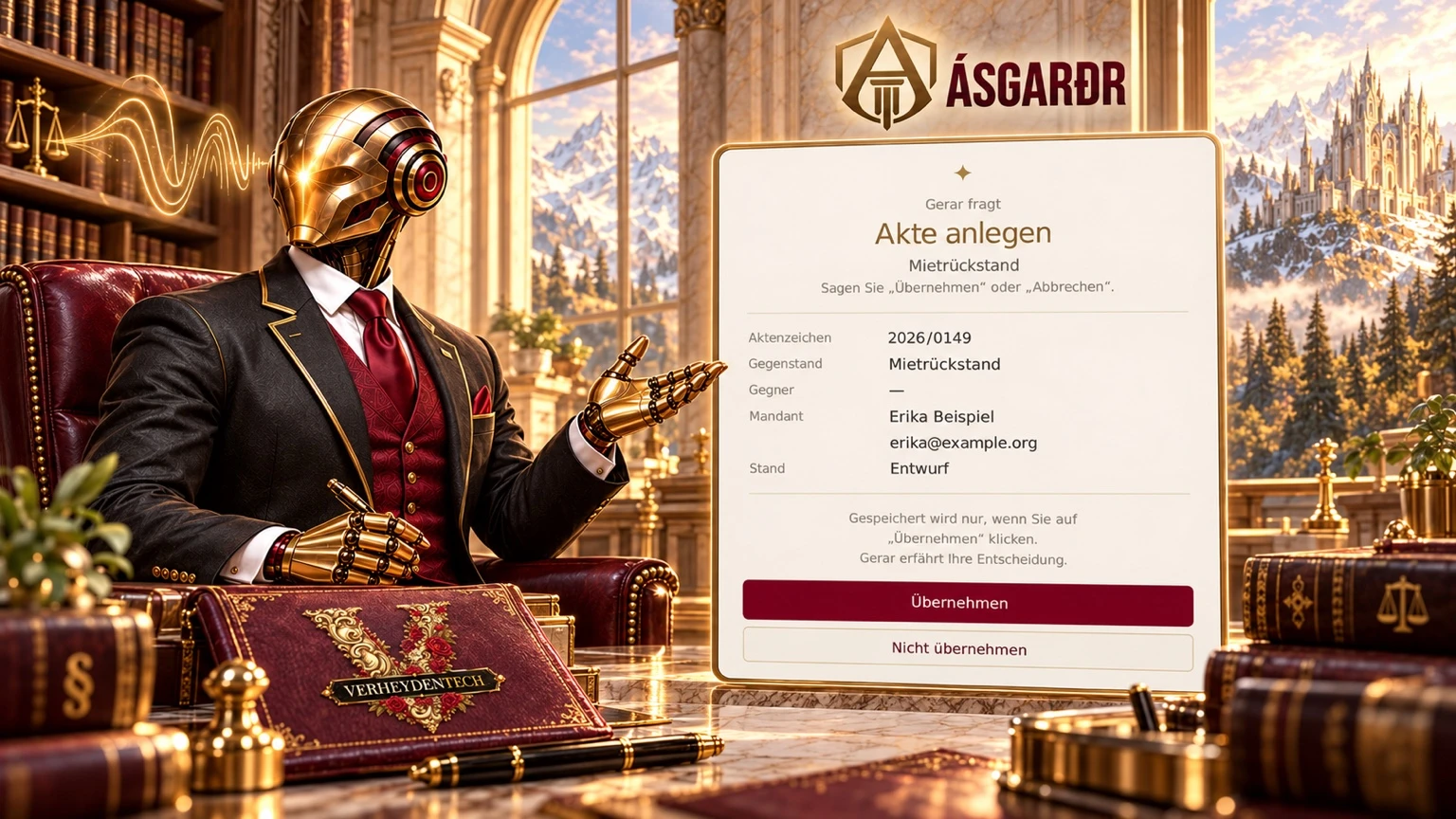 Gerar präsentiert Ásgarðr 4.1: Eine Aufgabe beginnt mit einem Satz. Marketingillustration, kein Produkt-Screenshot.