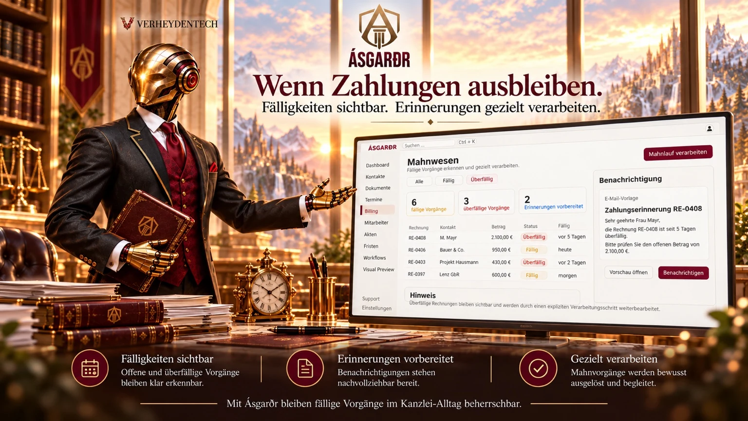 Gerar präsentiert Billing: Wenn Zahlungen ausbleiben Marketingillustration, kein Produkt-Screenshot.