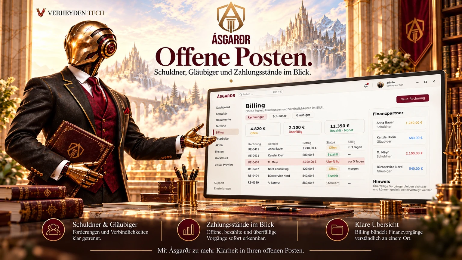 Gerar präsentiert Billing: Das Buch der offenen Posten Marketingillustration, kein Produkt-Screenshot.