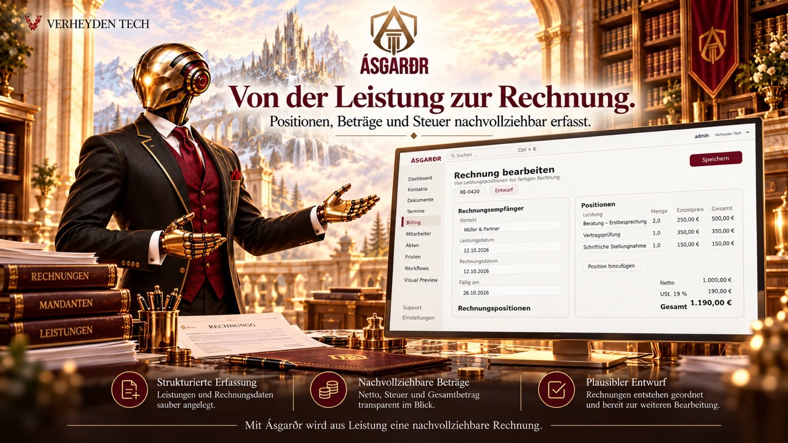 Gerar präsentiert Billing: Von der Leistung zur Rechnung Marketingillustration, kein Produkt-Screenshot.