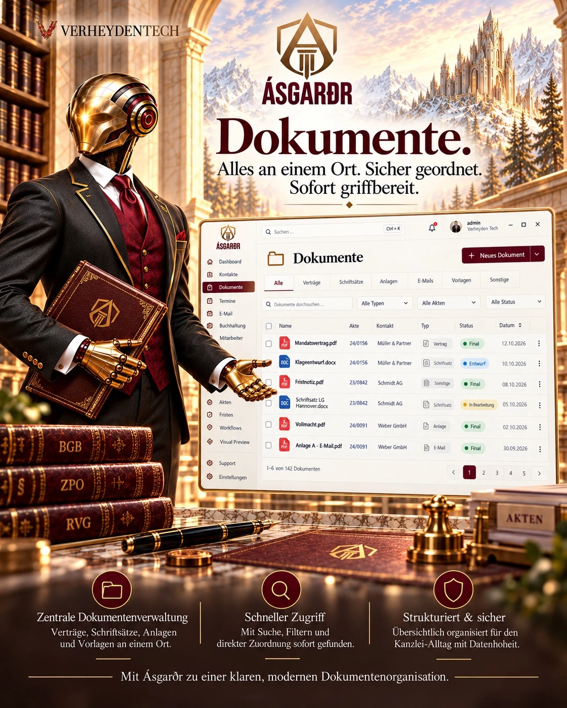 Gerar präsentiert Document: Aus Dokumenten wird Übersicht. Marketingillustration, kein Produkt-Screenshot.