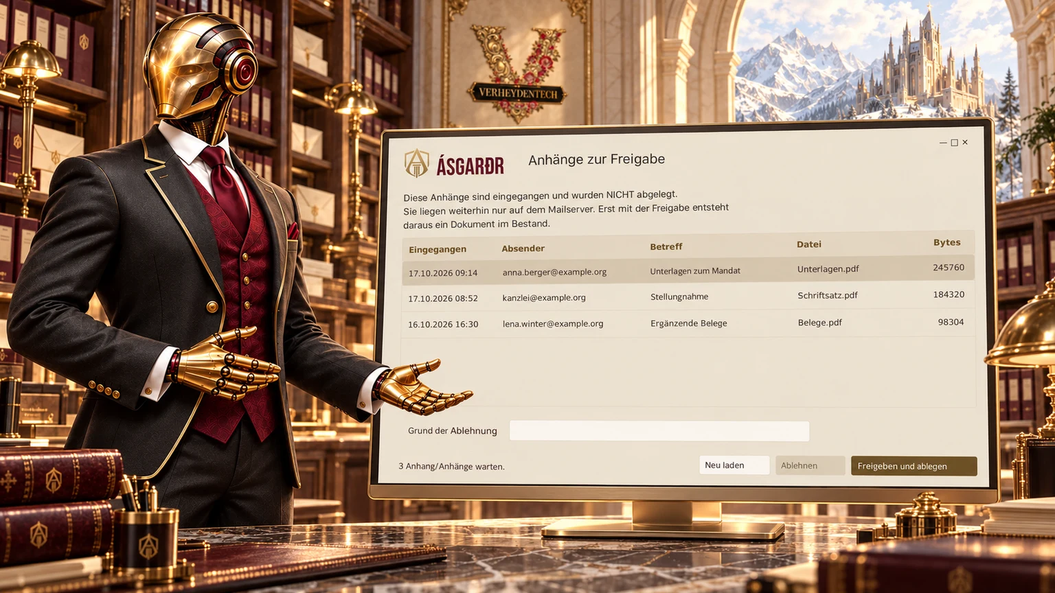 Gerar präsentiert Mailing: Kontrolle vor der Ablage. Marketingillustration, kein Produkt-Screenshot.