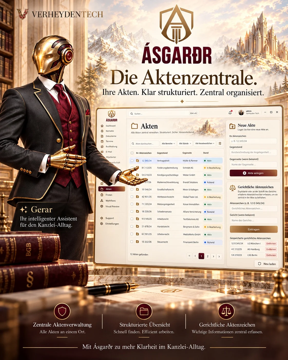 Gerar präsentiert Aktenzentrale in einer goldenen Kanzleilandschaft. Generierte Illustration, kein Produkt-Screenshot.
