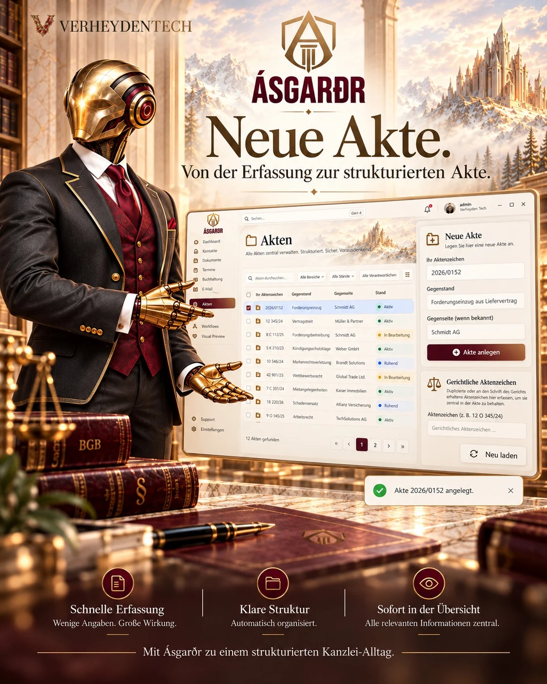 Gerar präsentiert Neue Akte in einer goldenen Kanzleilandschaft. Generierte Illustration, kein Produkt-Screenshot.