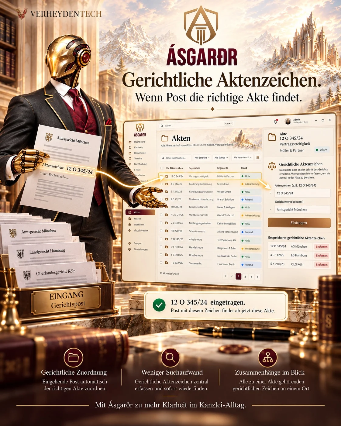 Gerar präsentiert Gerichtliche Aktenzeichen in einer goldenen Kanzleilandschaft. Generierte Illustration, kein Produkt-Screenshot.