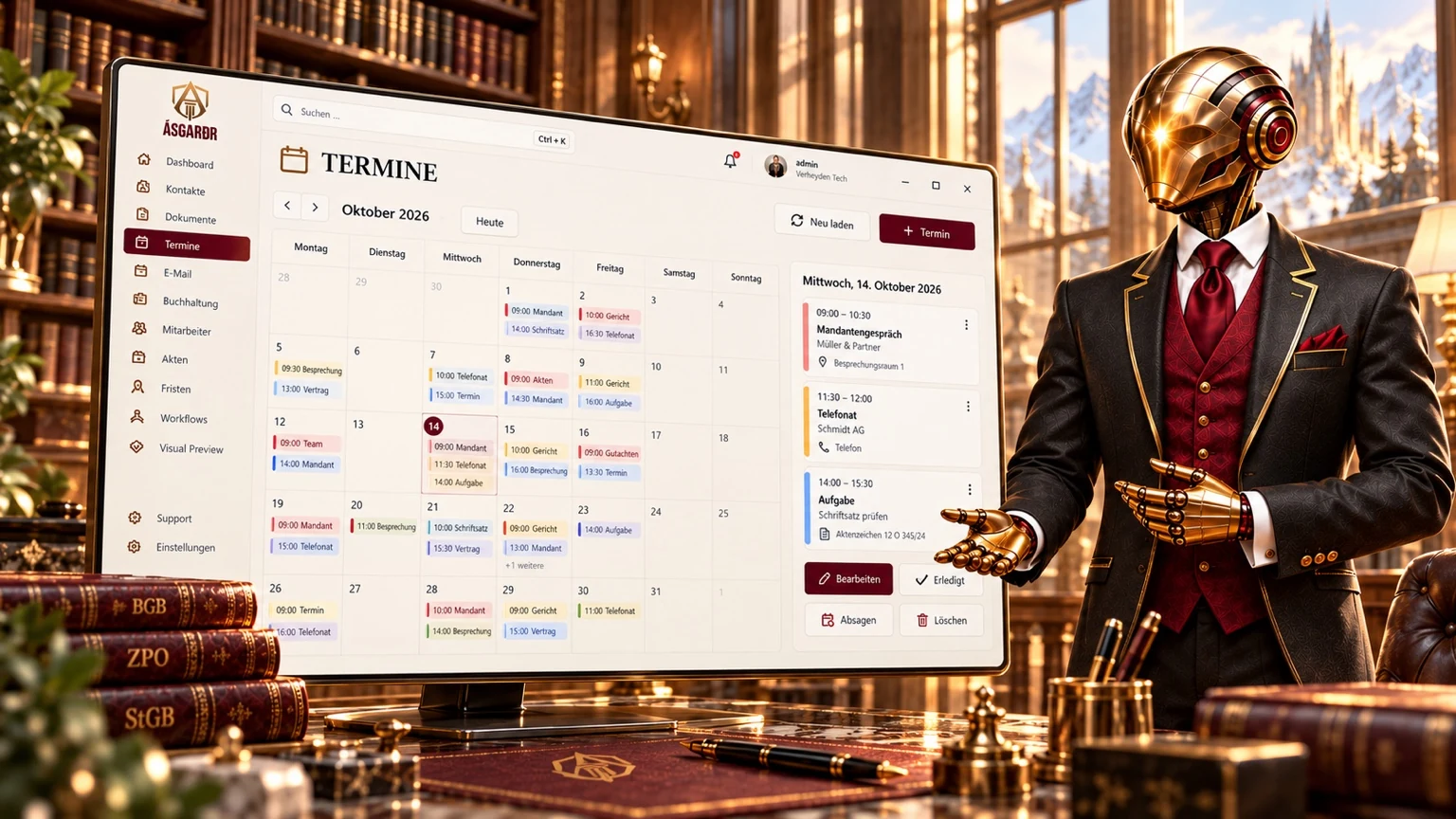 Gerar präsentiert Scheduler: Ein ganzer Monat. Ein klarer Blick. Marketingillustration, kein Produkt-Screenshot.