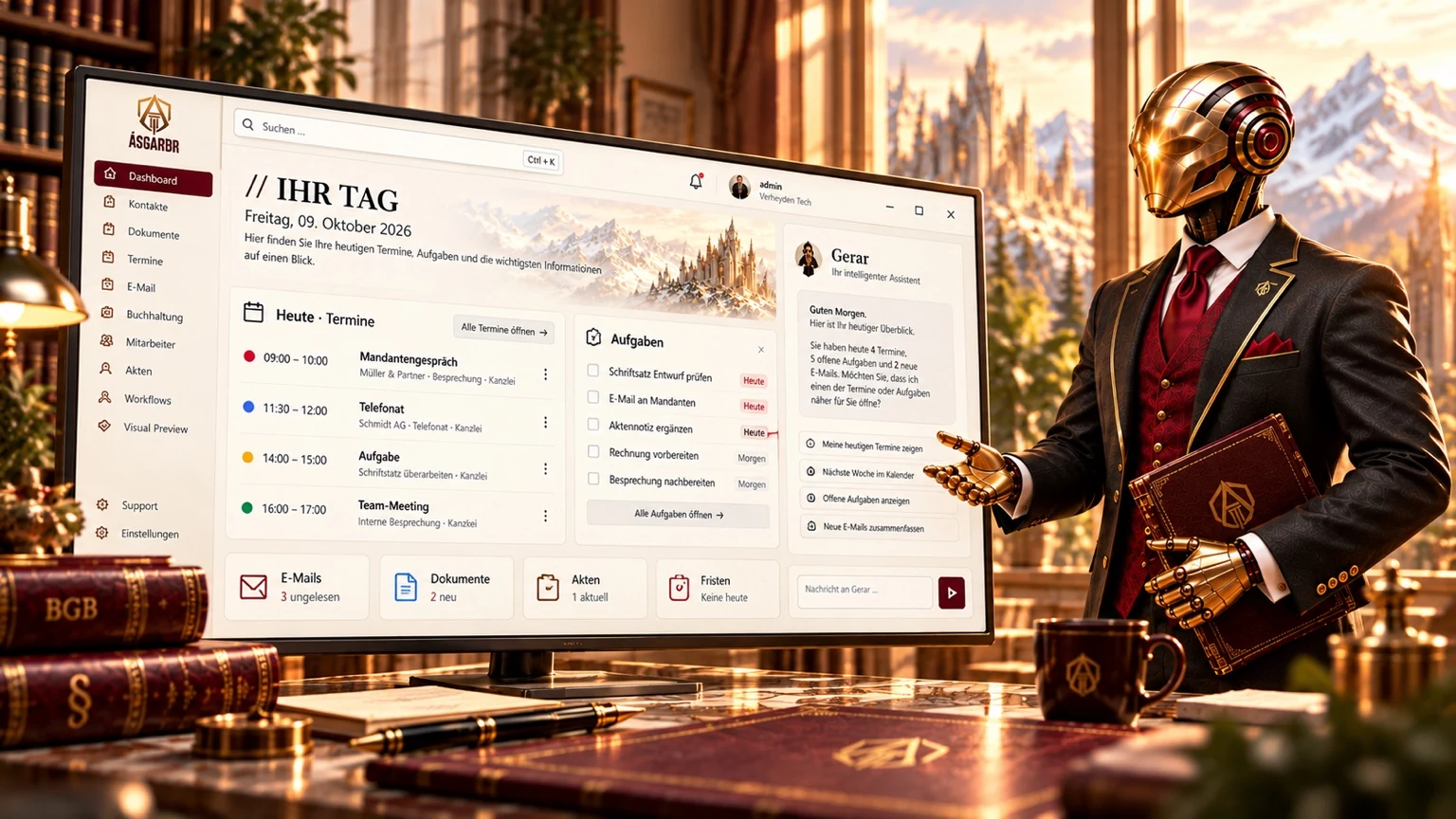 Gerar präsentiert Scheduler: Ihr Tag beginnt mit Überblick. Marketingillustration, kein Produkt-Screenshot.
