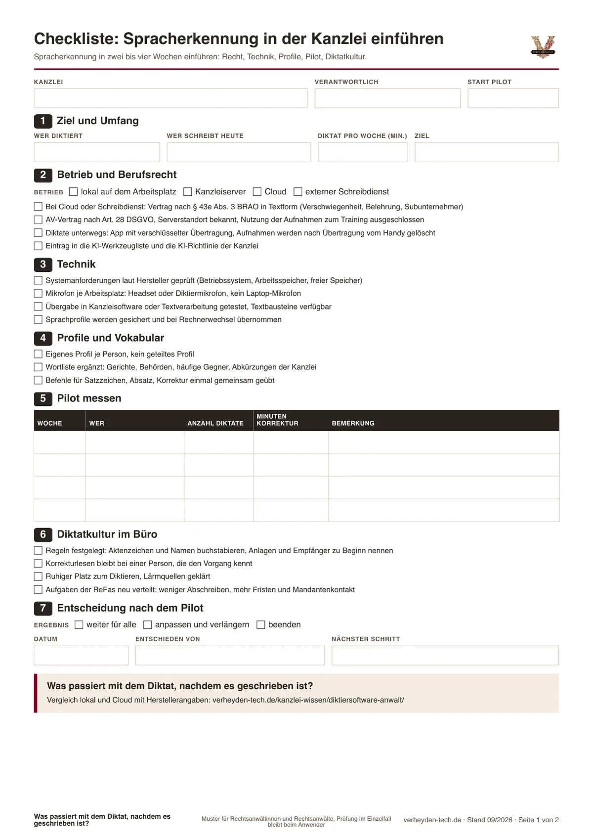 Checkliste Spracherkennung in der Kanzlei einführen, Vorschau der leeren PDF-Seite