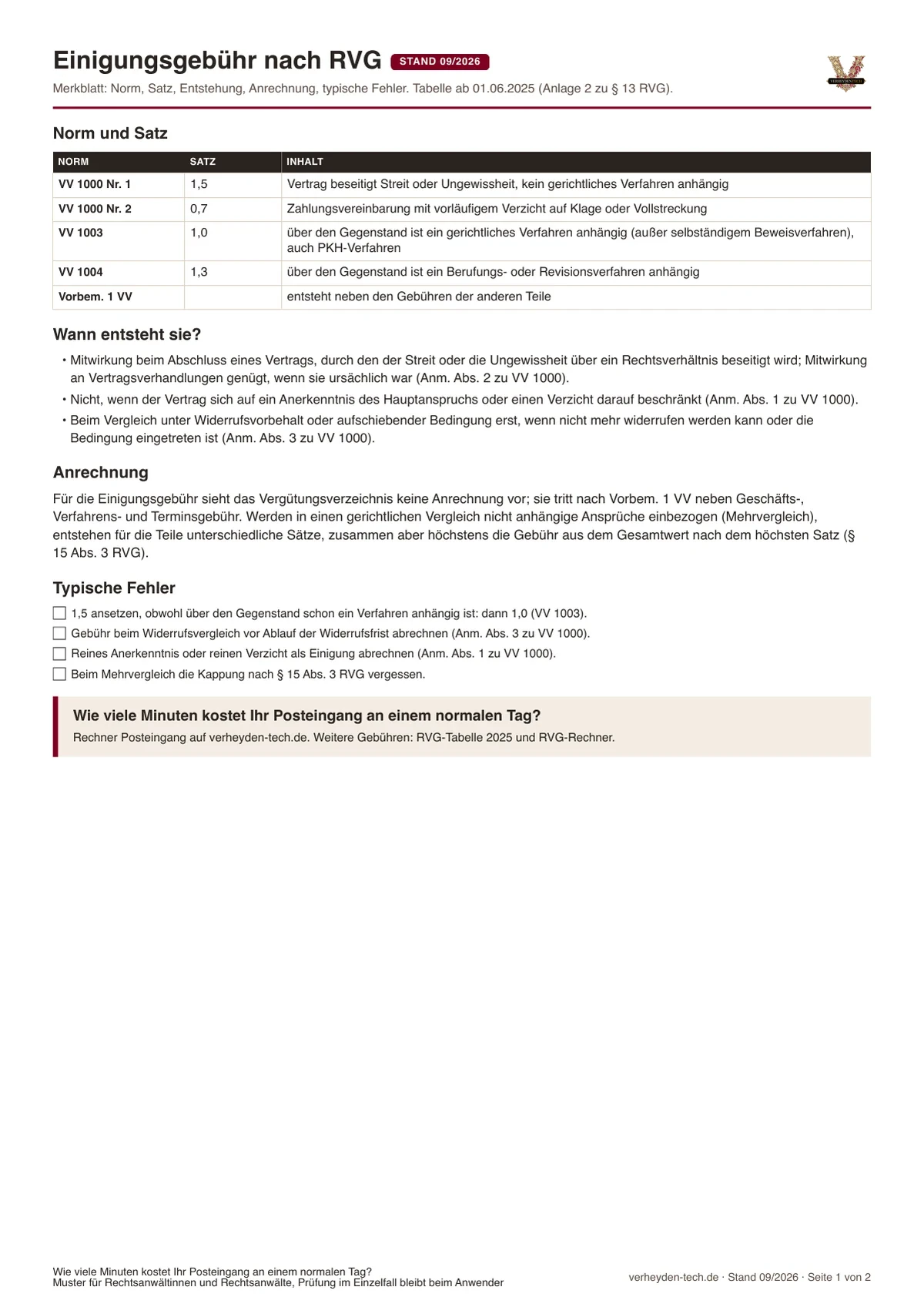 Einigungsgebühr nach RVG: Merkblatt mit Norm, Satz, Anrechnung und Rechenbeispiel, Vorschau der PDF