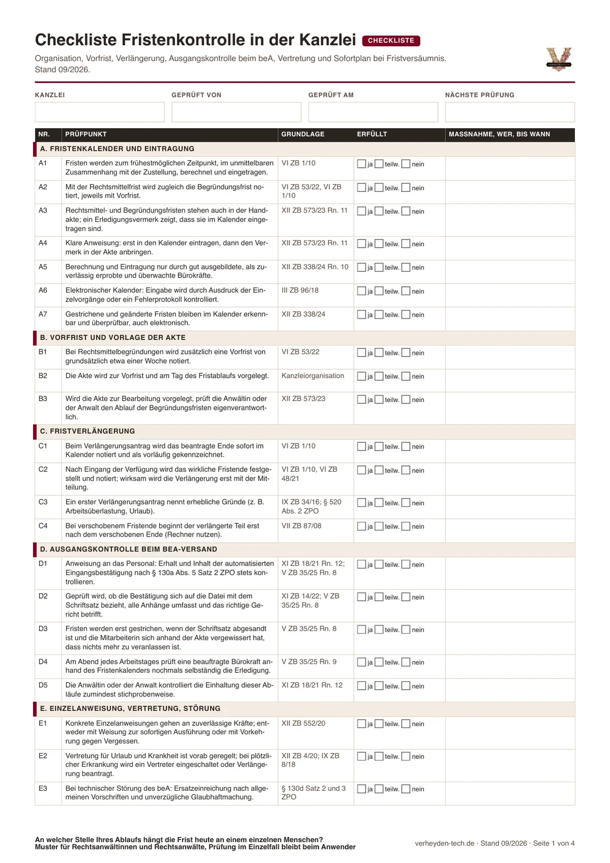 Fristenkontrolle Kanzlei: Checkliste mit Prüfpunkten nach BGH-Rechtsprechung, Vorschau der PDF-Vorlage