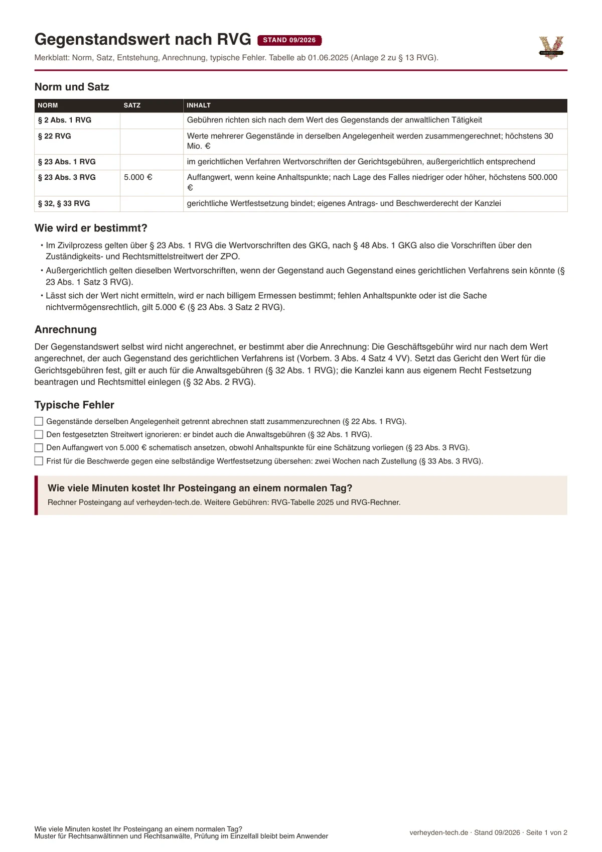 Gegenstandswert nach RVG: Merkblatt mit Norm, Satz, Anrechnung und Rechenbeispiel, Vorschau der PDF