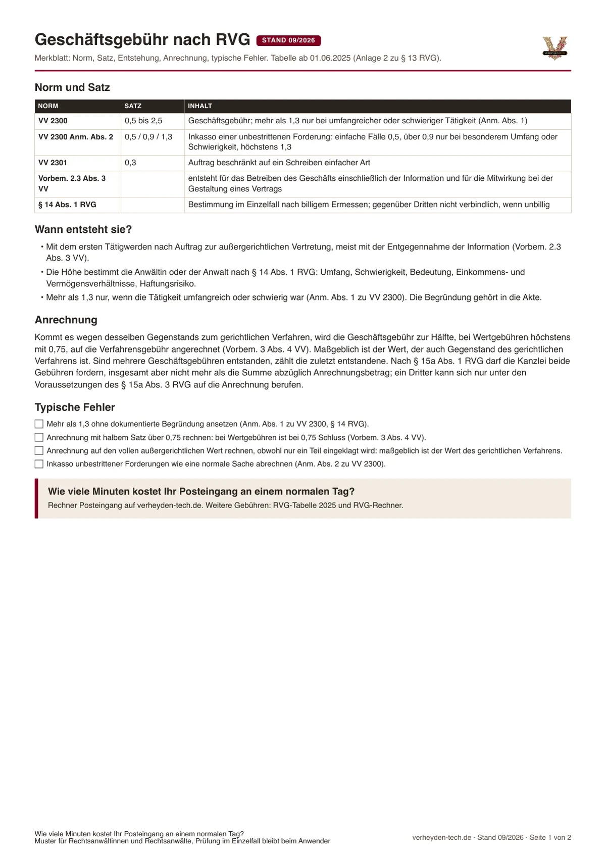 Geschäftsgebühr nach RVG: Merkblatt mit Norm, Satz, Anrechnung und Rechenbeispiel, Vorschau der PDF