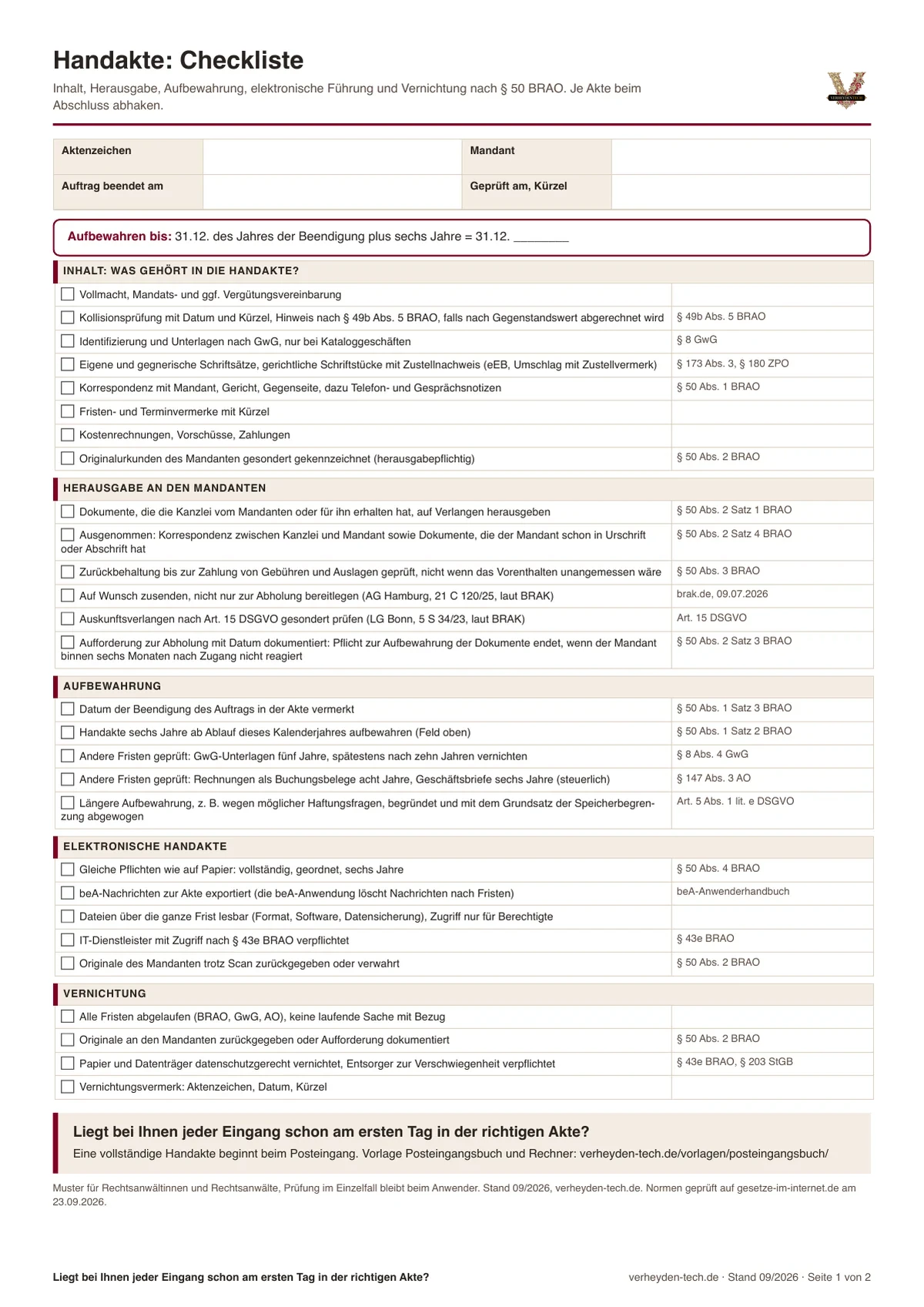 Vorschau Checkliste Handakte nach § 50 BRAO