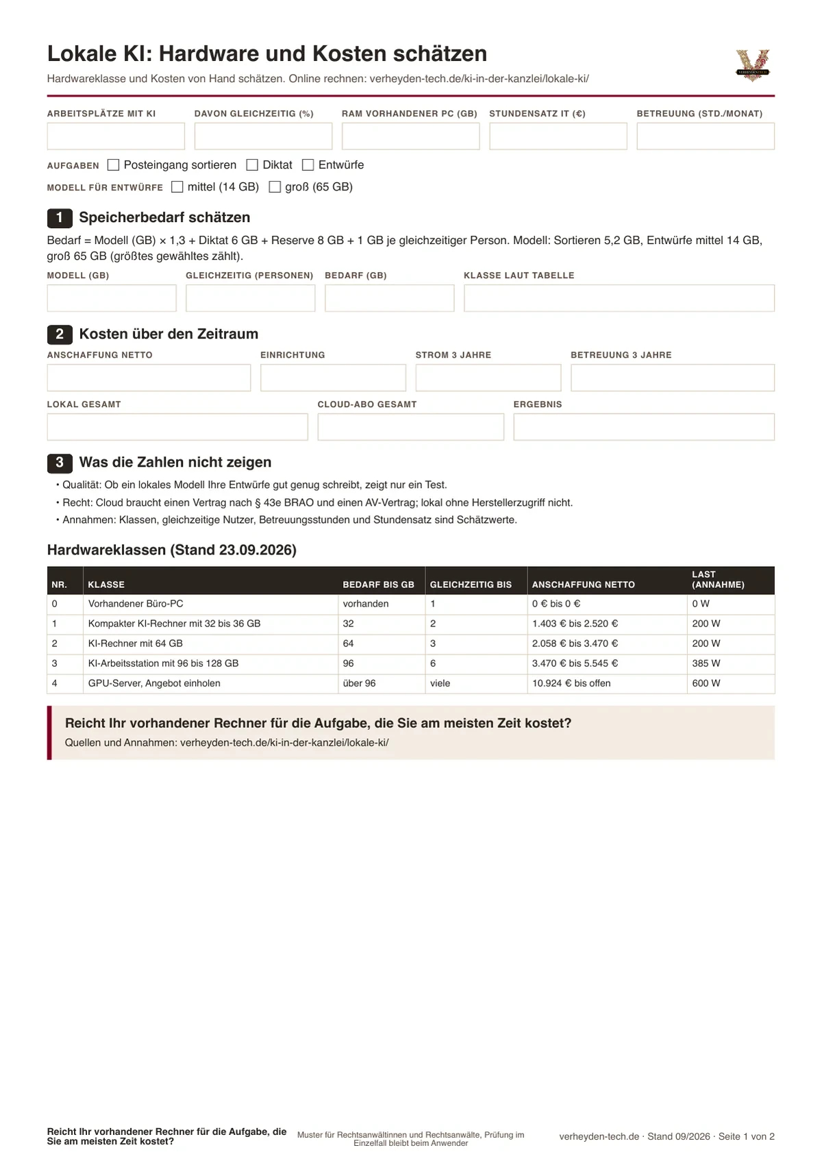 Lokale KI: Arbeitsblatt Hardware und Kosten schätzen, Vorschau der PDF-Seite