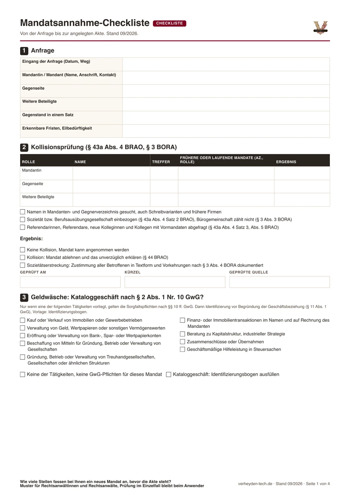Mandatsannahme-Checkliste mit Kollisionsprüfung und GwG-Prüfung, Vorschau der PDF-Vorlage