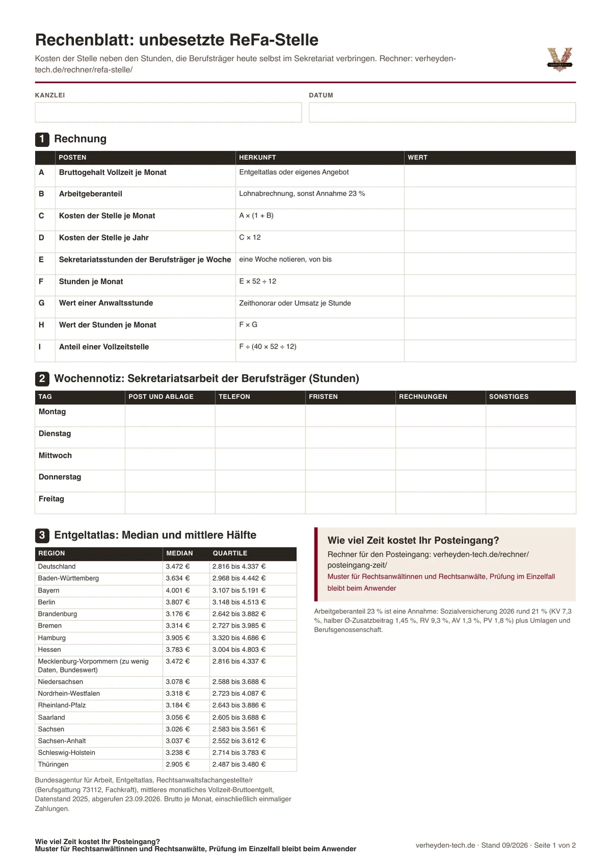 Rechenblatt unbesetzte ReFa-Stelle: Gehalt, Arbeitgeberanteil und Sekretariatsstunden der Anwälte, Vorschau der PDF-Vorlage