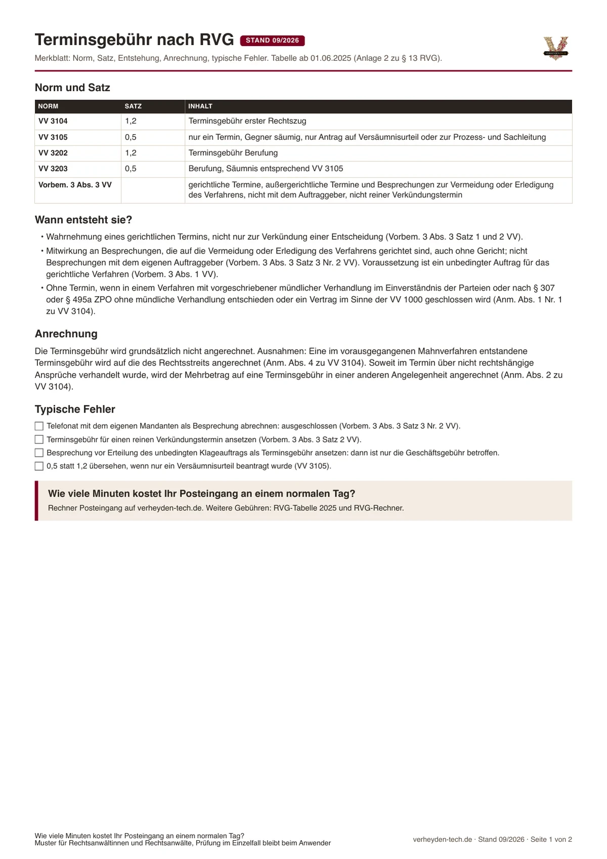 Terminsgebühr nach RVG: Merkblatt mit Norm, Satz, Anrechnung und Rechenbeispiel, Vorschau der PDF