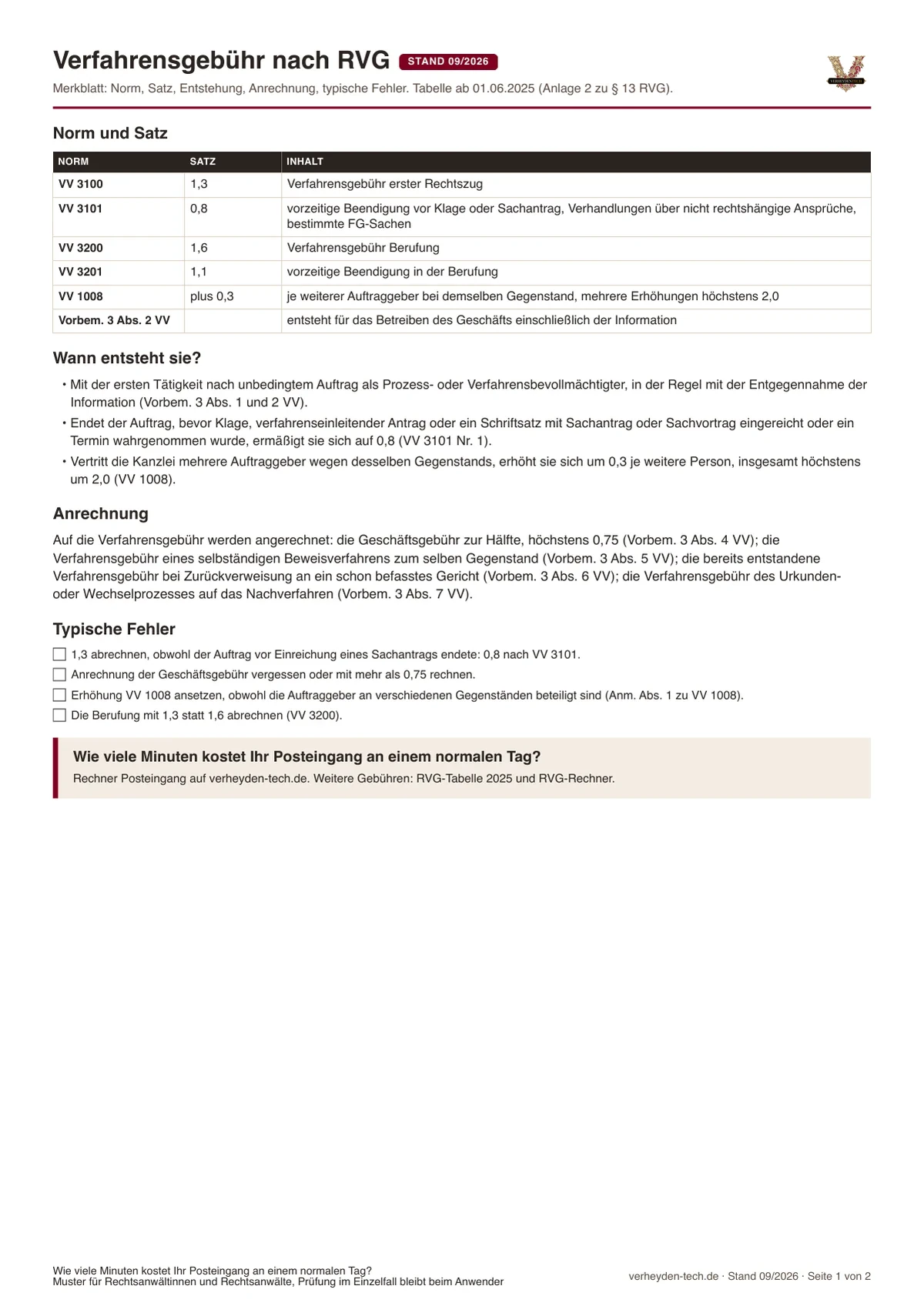 Verfahrensgebühr nach RVG: Merkblatt mit Norm, Satz, Anrechnung und Rechenbeispiel, Vorschau der PDF