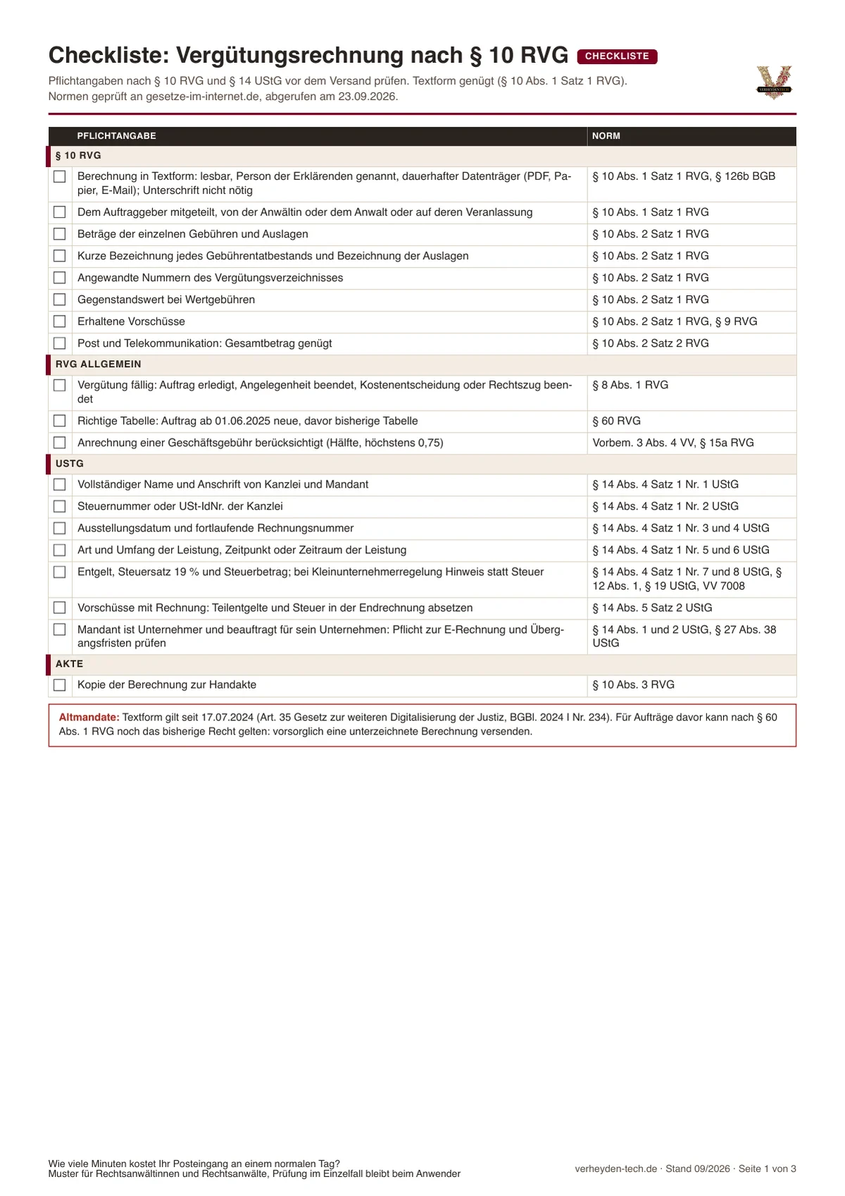 Vergütungsrechnung nach § 10 RVG: Checkliste der Pflichtangaben, Vorschau der PDF